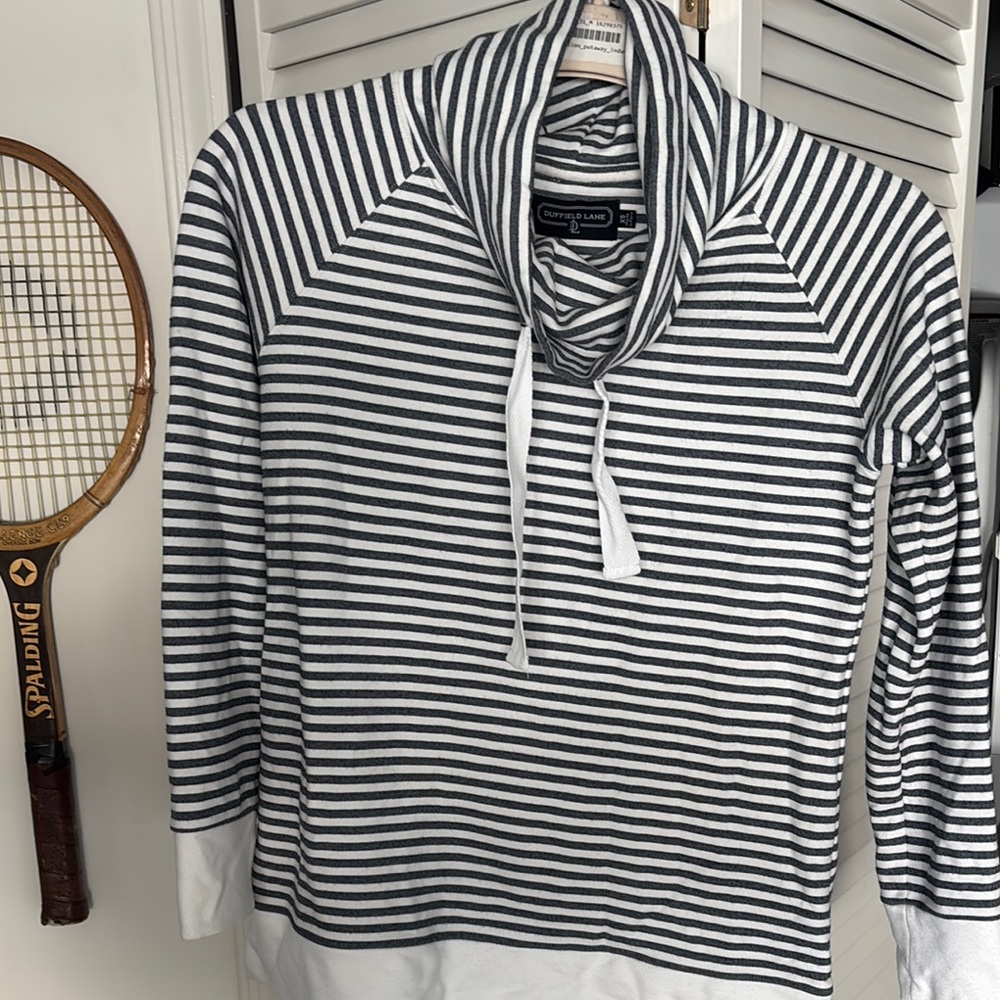 Gray and White Striped Cowl Neck Sweater